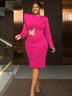 AOMEIDRESS Elegant Midi Embroidery Church Dress Long Sleeve O Neck Rose / S