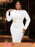 AOMEIDRESS Elegant Midi Embroidery Church Dress Long Sleeve O Neck White / S
