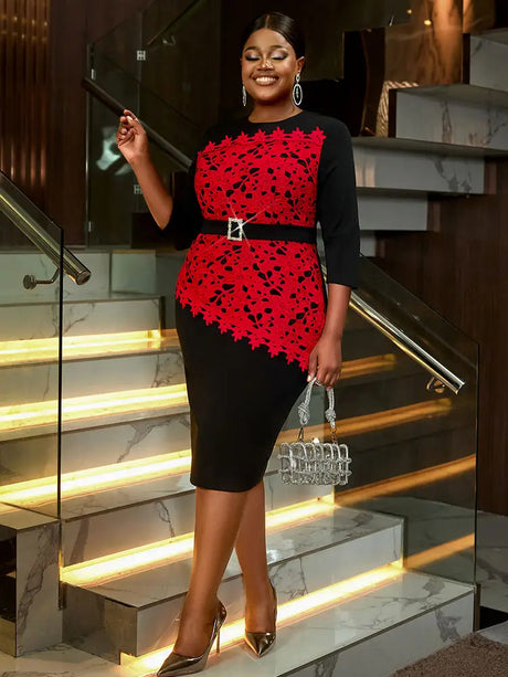 AOMEIDRESS Elegant Midi Lace Dress With Waist Belt For Office Women
