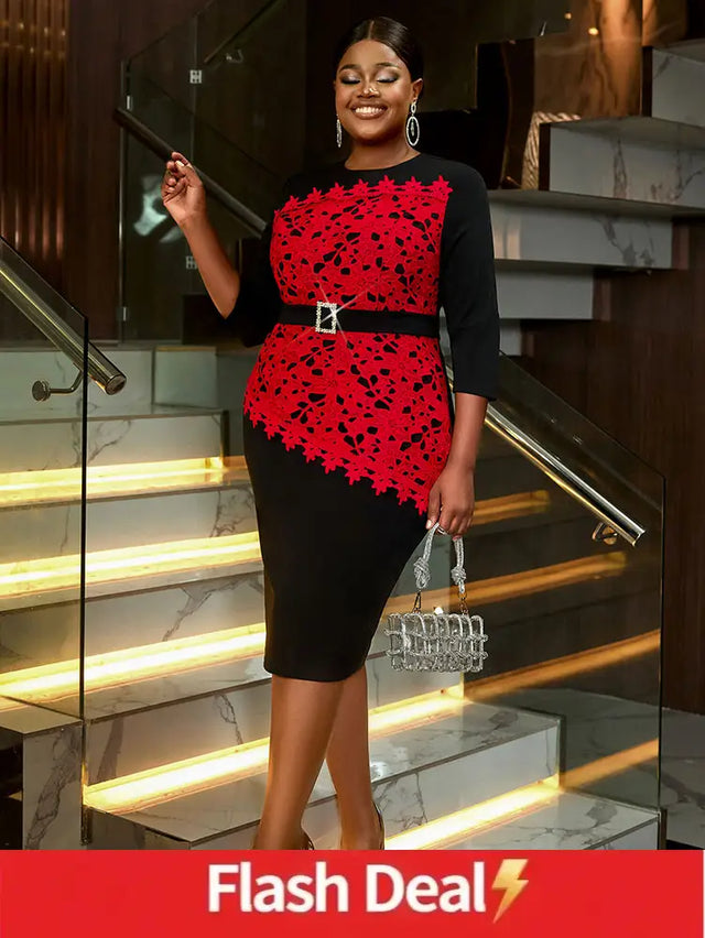 AOMEIDRESS Elegant Midi Lace Dress With Waist Belt For Office Women