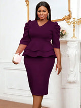AOMEIDRESS Elegant Midi Peplum Dresses V Neck Puff Sleeve For Church DeepPurple / S