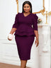 AOMEIDRESS Elegant Midi Peplum Dresses V Neck Puff Sleeve For Church DeepPurple / S