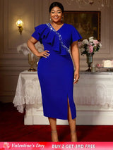 AOMEIDRESS Elegant Midi Ruffle Dress With Beading for Party Wedding Blue / S