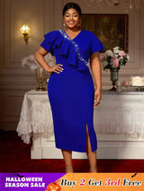 AOMEIDRESS Elegant Midi Ruffle Dress With Beading for Party Wedding Blue / S