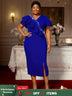 AOMEIDRESS Elegant Midi Ruffle Dress With Beading for Party Wedding Blue / S