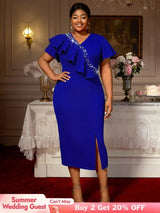 AOMEIDRESS Elegant Midi Ruffle Dress With Beading for Party Wedding Blue / S