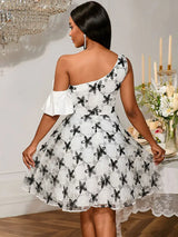 AOMEIDRESS Elegant Off Shoulder Dress Ruffle Neck Mesh Sequin Overlay