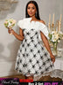 AOMEIDRESS Elegant Off Shoulder Dress Ruffle Neck Mesh Sequin Overlay White / S