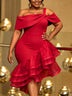 AOMEIDRESS Elegant Off Shoulder Mermaid Dress Tierred Ruffle Mesh Hem - Red / S