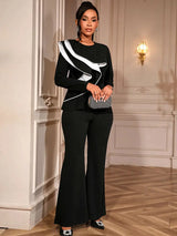 AOMEIDRESS Elegant Office Two Piece Set Long Sleeve Tops Flared Pants