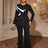 AOMEIDRESS Elegant Office Two Piece Set Long Sleeve Tops Flared Pants Black / S