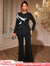 AOMEIDRESS Elegant Office Two Piece Set Long Sleeve Tops Flared Pants Black / S