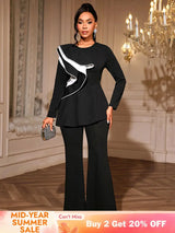 AOMEIDRESS Elegant Office Two Piece Set Long Sleeve Tops Flared Pants Black / S