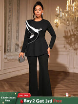 AOMEIDRESS Elegant Office Two Piece Set Long Sleeve Tops Flared Pants Black / S