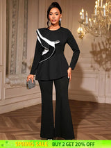 AOMEIDRESS Elegant Office Two Piece Set Long Sleeve Tops Flared Pants Black / S