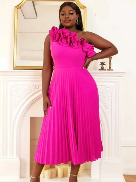 AOMEIDRESS Elegant One Shoulder Ruffle Pleated A Line Party Dress Rose / S