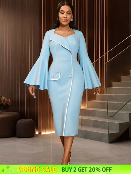 AOMEIDRESS Elegant Package Hip Dress Sweetheart Neck Flare Sleeves LightBlue / S