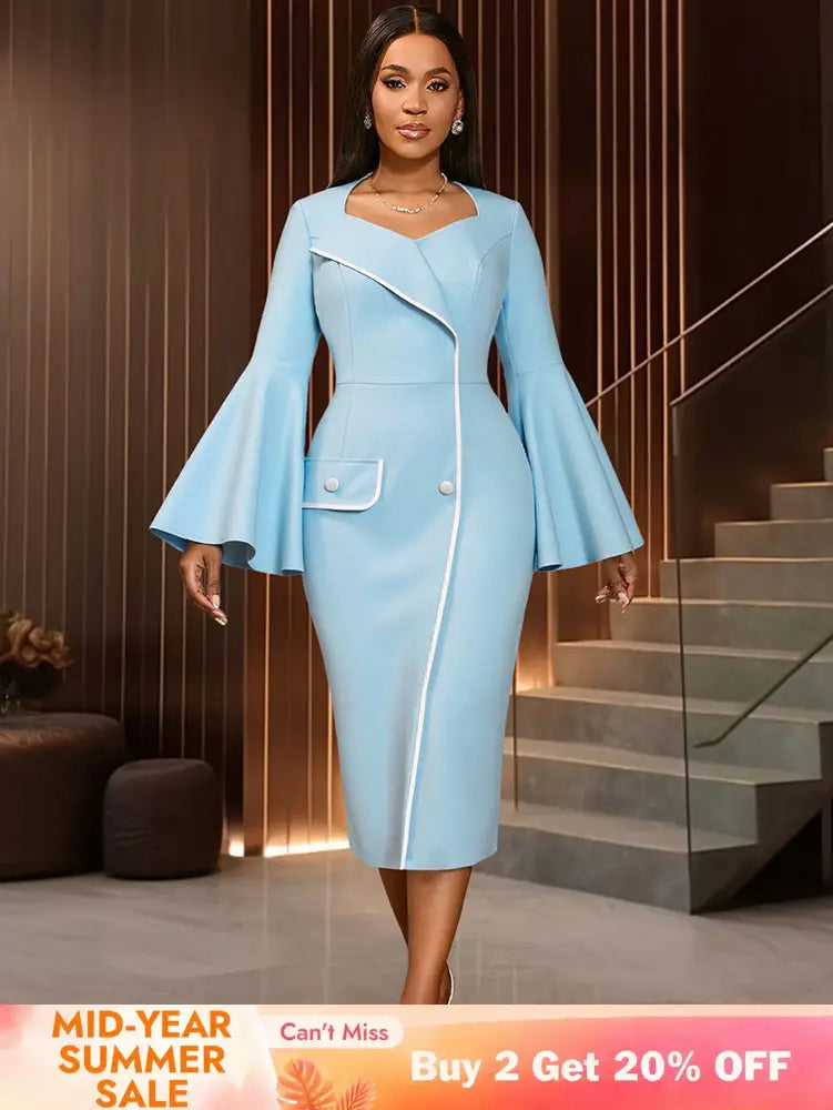 AOMEIDRESS Elegant Package Hip Dress Sweetheart Neck Flare Sleeves LightBlue / S