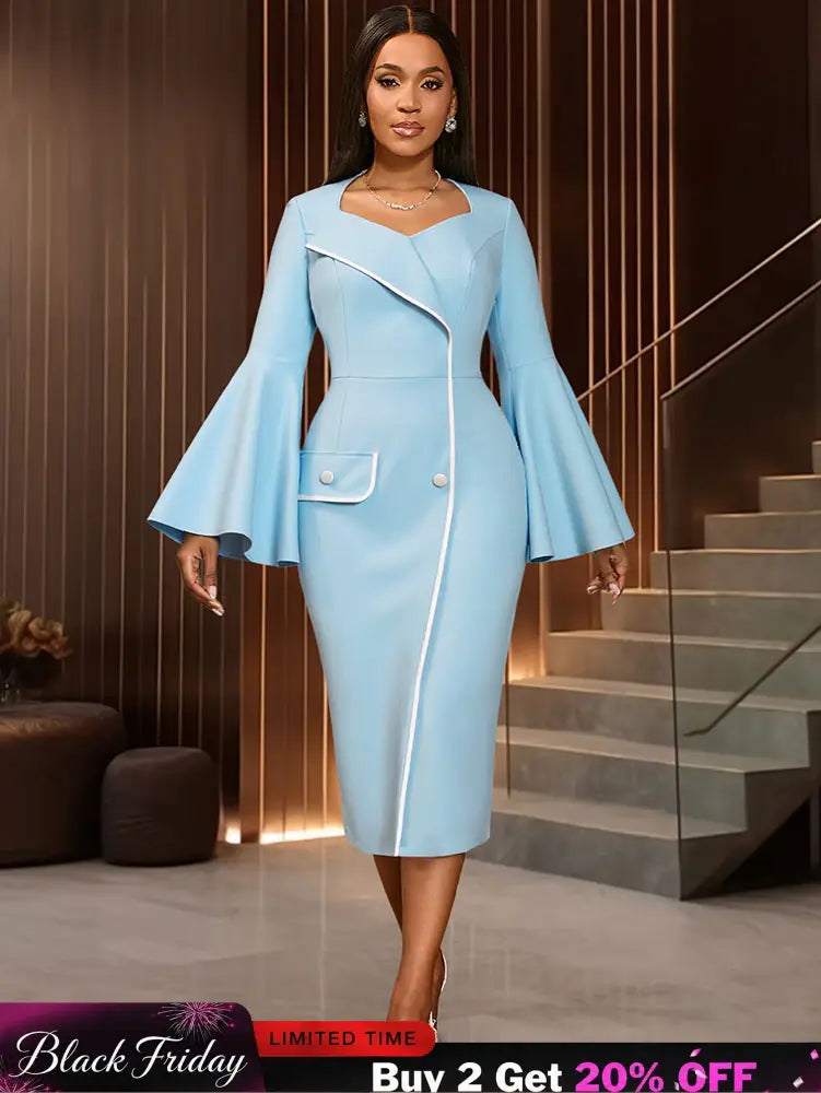 AOMEIDRESS Elegant Package Hip Dress Sweetheart Neck Flare Sleeves LightBlue / S