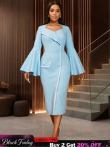 AOMEIDRESS Elegant Package Hip Dress Sweetheart Neck Flare Sleeves LightBlue / S