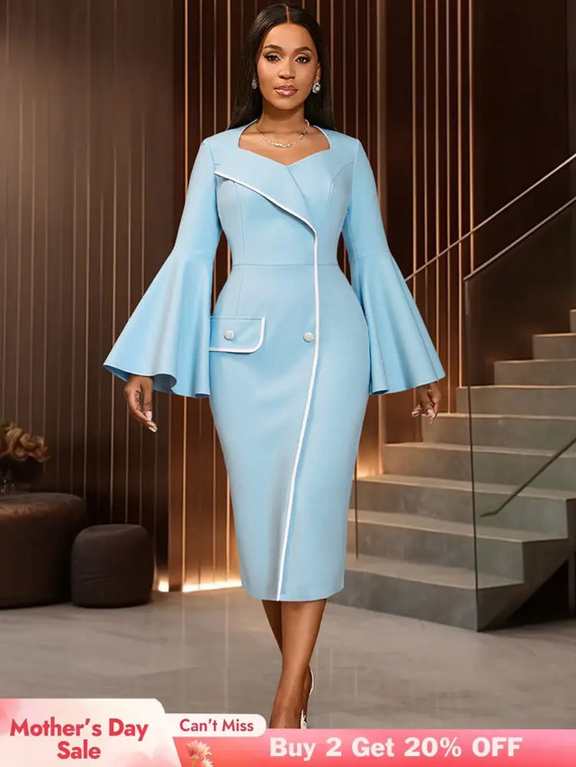 AOMEIDRESS Elegant Package Hip Dress Sweetheart Neck Flare Sleeves LightBlue / S