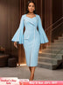 AOMEIDRESS Elegant Package Hip Dress Sweetheart Neck Flare Sleeves LightBlue / S