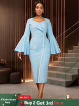 AOMEIDRESS Elegant Package Hip Dress Sweetheart Neck Flare Sleeves LightBlue / S