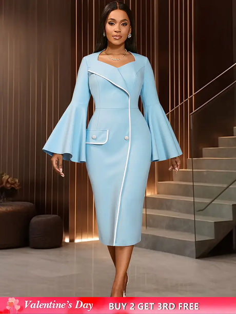 AOMEIDRESS Elegant Package Hip Dress Sweetheart Neck Flare Sleeves LightBlue / S