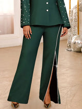 AOMEIDRESS Elegant Pants Side Slit Pearls Beaded Wide Leg Office Wear