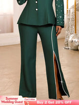 AOMEIDRESS Elegant Pants Side Slit Pearls Beaded Wide Leg Office Wear DarkGreen / L