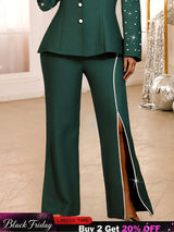 AOMEIDRESS Elegant Pants Side Slit Pearls Beaded Wide Leg Office Wear DarkGreen / L