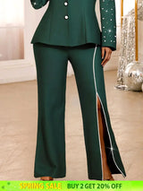 AOMEIDRESS Elegant Pants Side Slit Pearls Beaded Wide Leg Office Wear DarkGreen / L