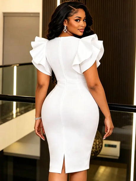 AOMEIDRESS Elegant Party Bodycon Dress V Neck Butterfly Sleeve Peplum
