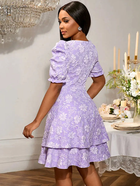 AOMEIDRESS Elegant Party Dress Short Puff Sleeve A Line Jacquard Mini