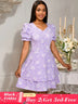 AOMEIDRESS Elegant Party Dress Short Puff Sleeve A Line Jacquard Mini Lavender / S