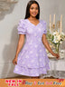 AOMEIDRESS Elegant Party Dress Short Puff Sleeve A Line Jacquard Mini Lavender / S