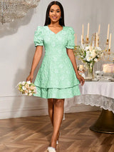 AOMEIDRESS Elegant Party Dress Short Puff Sleeve A Line Jacquard Mini LightGreen / S