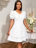 AOMEIDRESS Elegant Party Dress Short Puff Sleeve A Line Jacquard Mini White / S