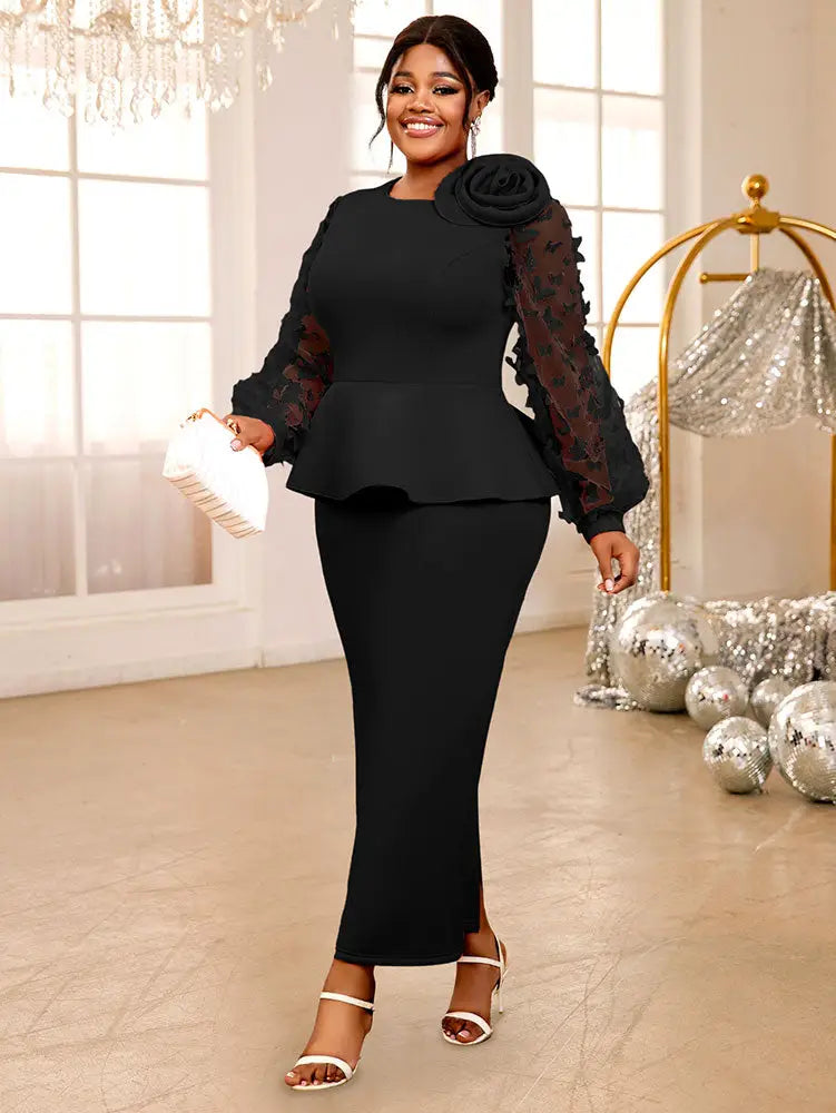 AOMEIDRESS Elegant Party Dress with 3D Flower Sheer Lantern Sleeve Black / S