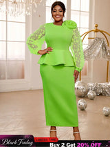 AOMEIDRESS Elegant Party Dress with 3D Flower Sheer Lantern Sleeve Green / S