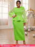 AOMEIDRESS Elegant Party Dress with 3D Flower Sheer Lantern Sleeve Green / S