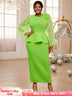 AOMEIDRESS Elegant Party Dress with 3D Flower Sheer Lantern Sleeve Green / S