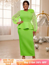AOMEIDRESS Elegant Party Dress with 3D Flower Sheer Lantern Sleeve Green / S