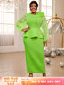 AOMEIDRESS Elegant Party Dress with 3D Flower Sheer Lantern Sleeve Green / S