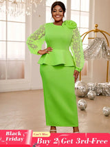 AOMEIDRESS Elegant Party Dress with 3D Flower Sheer Lantern Sleeve Green / S