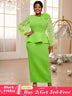 AOMEIDRESS Elegant Party Dress with 3D Flower Sheer Lantern Sleeve Green / S