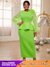 AOMEIDRESS Elegant Party Dress with 3D Flower Sheer Lantern Sleeve Green / S