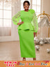 AOMEIDRESS Elegant Party Dress with 3D Flower Sheer Lantern Sleeve Green / S