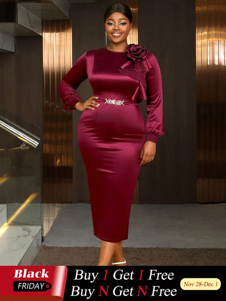 AOMEIDRESS Elegant Party Wedding Dress with 3D Flower Rhinestone Belt Wine / S