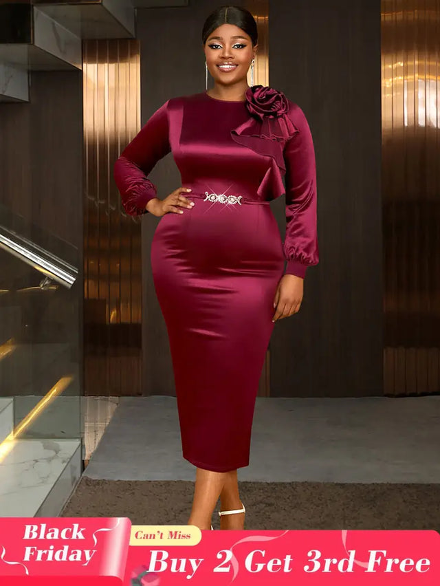 AOMEIDRESS Elegant Party Wedding Dress with 3D Flower Rhinestone Belt Wine / S